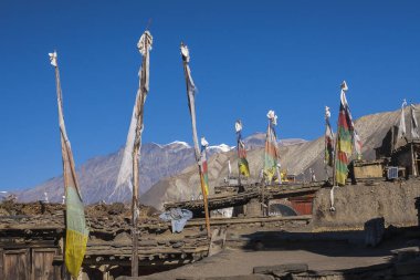 JHARKOT, NEPAL - CIRCA NOVEMBER 2013: Jharkot köyündeki evlerin üzerinde bayraklar.