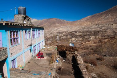MUKTINATH, NEPAL - CIRCA NOVEMBER 2013: Muktinath 'ın Kasım 2013 tarihli günlük yaşamı.