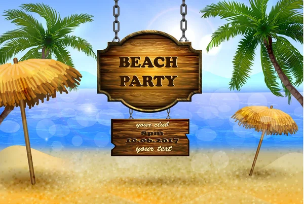 Playa con palmeras y una playa — Vector de stock