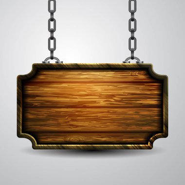 Beyaz arka plan üzerinde izole zincir asılı boş ahşap tabela