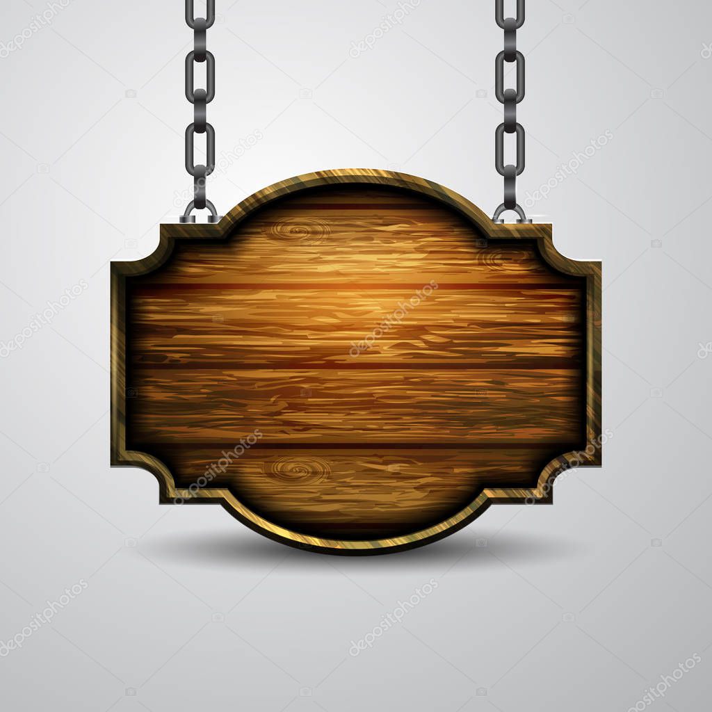 Blank wooden signboard hanging on chain isolated on white background