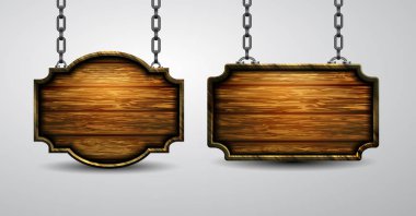 Beyaz arka plan üzerinde izole zincir asılı boş ahşap tabela