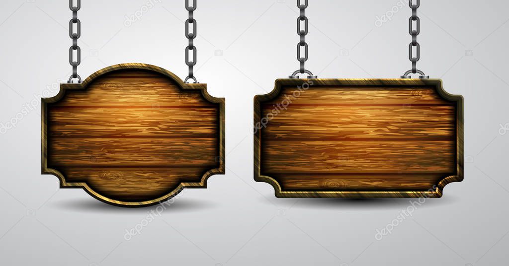Blank wooden signboard hanging on chain isolated on white background