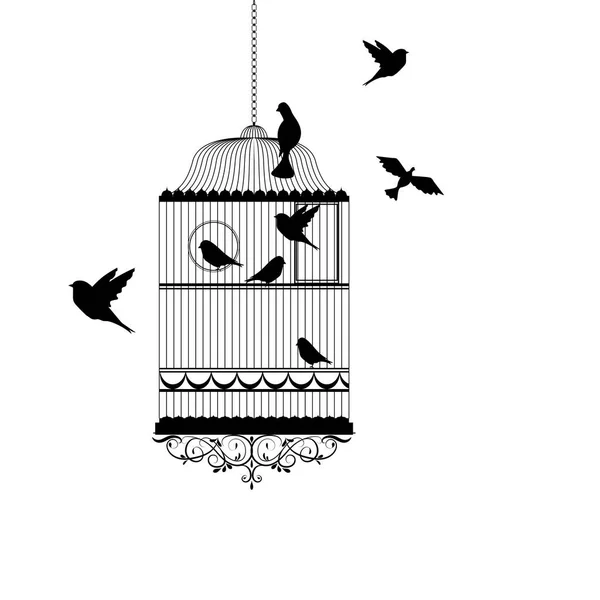 Cage à oiseaux avec illustration vectorielle volante d'oiseaux — Image vectorielle