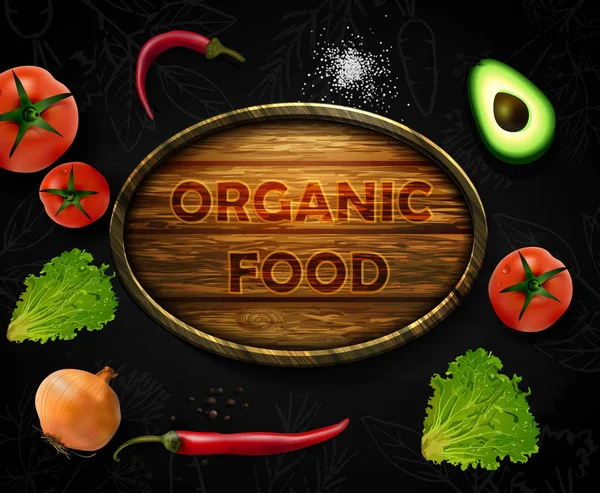 Realistische vector groenten met concept-logo voor biologische winkel op zwarte achtergrond — Stockvector