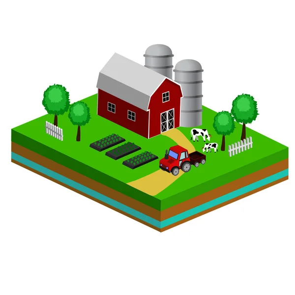 Illustration vectorielle des vaches Isometric Red Barn And Trees — Image vectorielle
