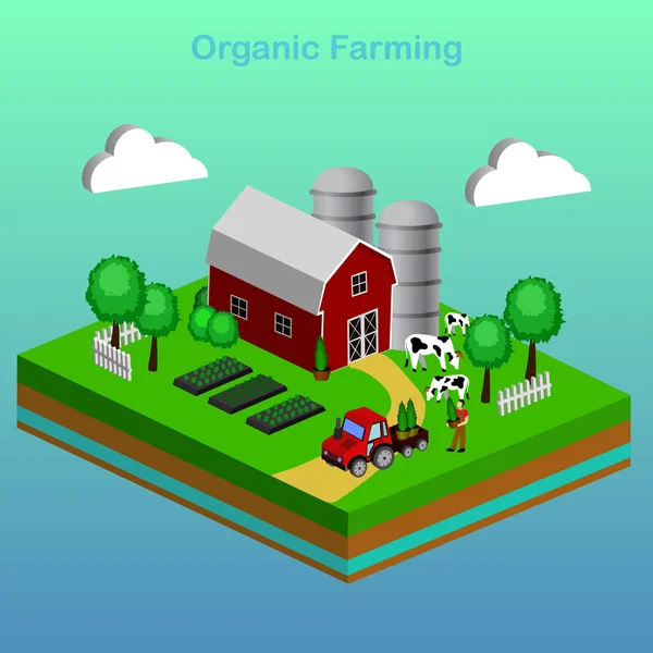 Isometric Red Barn And Trees cows vector illustration — Stock Vector