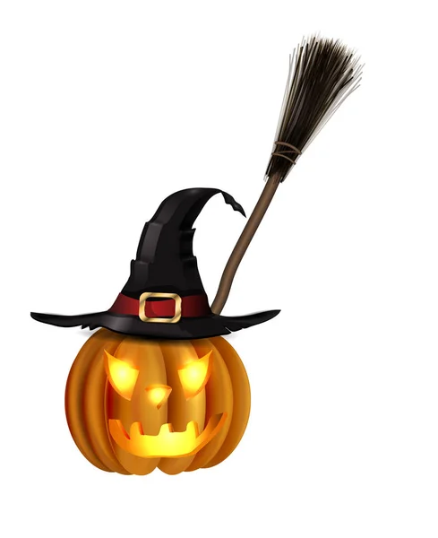 Jack Lantern Halloween Pumpkin Black Witches Hat Witch Broom Vector — Stock Vector