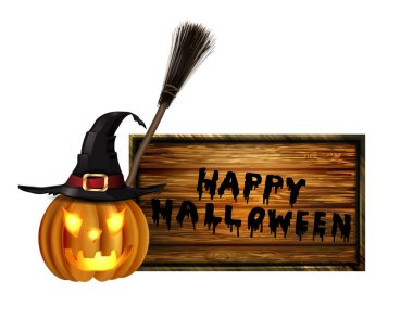 Jack-o-lantern. Cadılar Bayramı Balkabağı siyah cadı şapkası. vektör çizim.