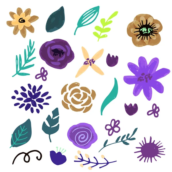 Diseño gráfico de flores. Conjunto vectorial de elementos florales con flores dibujadas a mano. — Archivo Imágenes Vectoriales