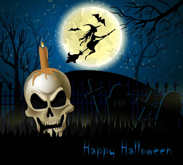 Halloween achtergrond van heks op de volle maan — Stockvector