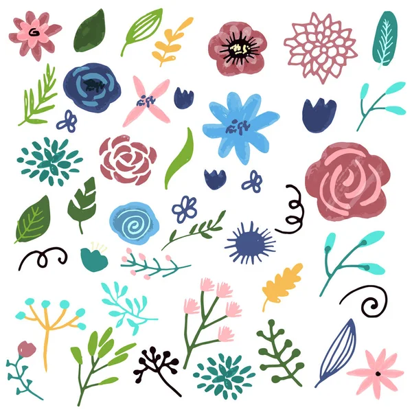 Diseño gráfico de flores. Conjunto vectorial de elementos florales con flores dibujadas a mano. — Archivo Imágenes Vectoriales