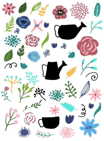 Diseño gráfico de flores. Conjunto vectorial de elementos florales con flores dibujadas a mano. — Archivo Imágenes Vectoriales