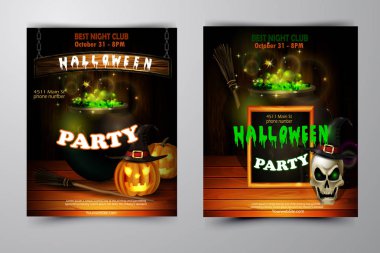 Cadılar Bayramı Partisi Davetiyesi ahşap duvar arka plan üzerinde