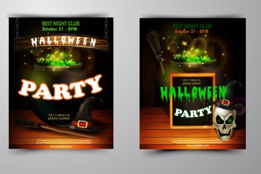 Cadılar Bayramı Partisi Davetiyesi ahşap duvar arka plan üzerinde