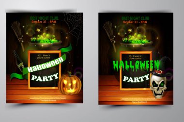 Cadılar Bayramı Partisi Davetiyesi ahşap duvar arka plan üzerinde