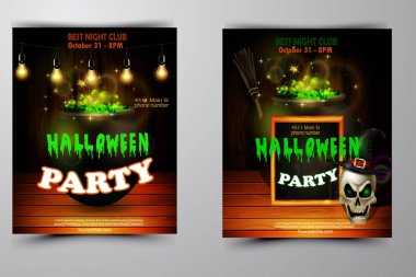 Cadılar Bayramı Partisi Davetiyesi ahşap duvar arka plan üzerinde