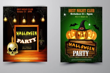 Cadılar Bayramı Partisi Davetiyesi ahşap duvar arka plan üzerinde