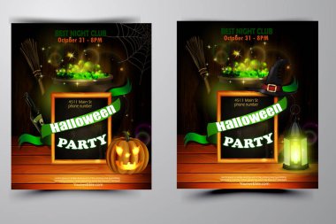 Cadılar Bayramı Partisi Davetiyesi ahşap duvar arka plan üzerinde