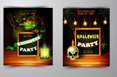 Cadılar Bayramı Partisi Davetiyesi ahşap duvar arka plan üzerinde