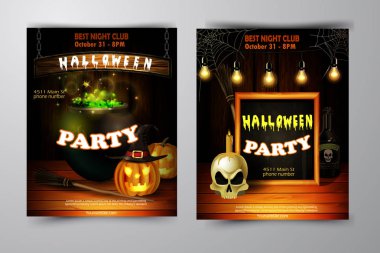 Cadılar Bayramı Partisi Davetiyesi ahşap duvar arka plan üzerinde