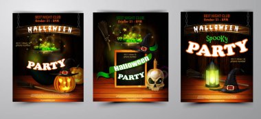 Cadılar Bayramı Partisi Davetiyesi ahşap duvar arka plan üzerinde