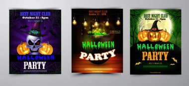 Cadılar Bayramı partisi ilanı ayarla pumpkins, şapka, yarasalar, kafatası cadı ve mezarlık vektör