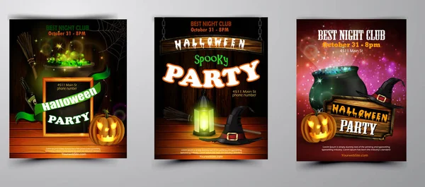 Halloween Party Flyer Med Pumpor Hatt Fladdermöss Skalle Häxa Och — Stock vektor