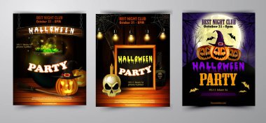 Cadılar Bayramı Partisi Davetiyesi ahşap duvar arka plan üzerinde