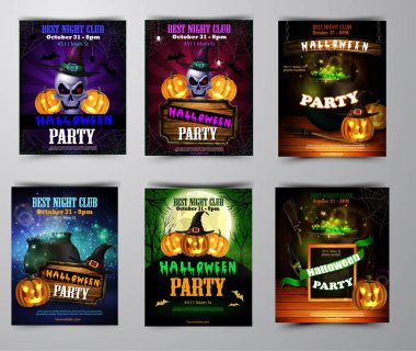 Cadılar Bayramı partisi ilanı ayarla pumpkins, şapka, yarasalar, kafatası cadı ve mezarlık vektör