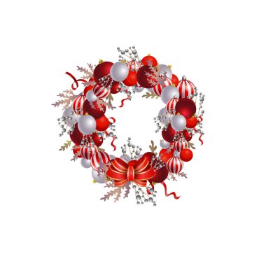 Şeritler, toplar ve izole yay ile Noel çelenk