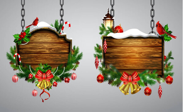 Векторная реалистичная иллюстрация подвешивания деревянной рождественской доски с рождественской елкой
