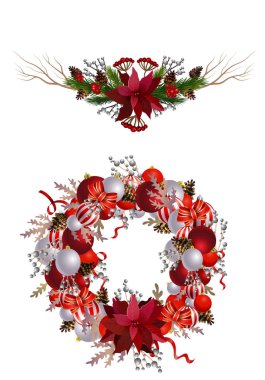 Şeritler, toplar ve izole yay ile Noel çelenk