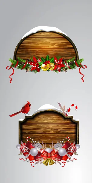 Vetor Ilustração Realista Madeira Pendurada Placa Natal Conjunto Com Árvore — Vetor de Stock