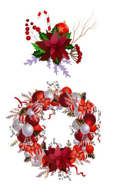 Şeritler, toplar ve izole yay ile Noel çelenk