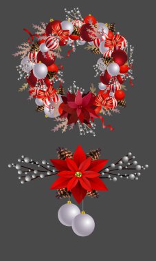 Şeritler, toplar ve izole yay ile Noel çelenk