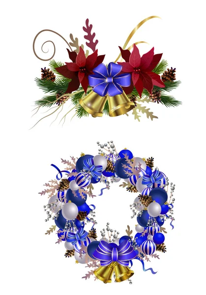 Corona de Navidad con cintas, bolas y arco aislado — Vector de stock