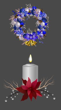 Şeritler, toplar ve izole yay ile Noel çelenk