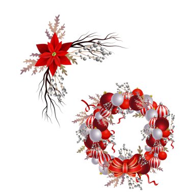 Şeritler, toplar ve izole yay ile Noel çelenk