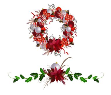 Şeritler, toplar ve izole yay ile Noel çelenk