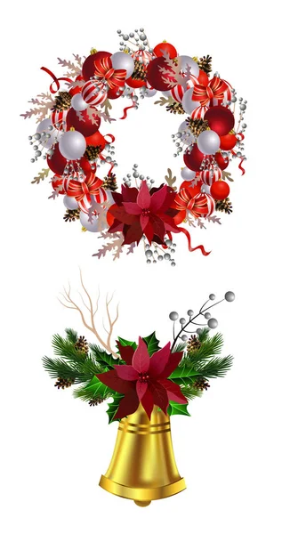 Couronne de Noël avec rubans, boules et arc isolés — Image vectorielle