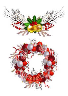 Şeritler, toplar ve izole yay ile Noel çelenk