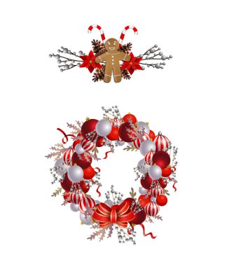 Şeritler, toplar ve izole yay ile Noel çelenk