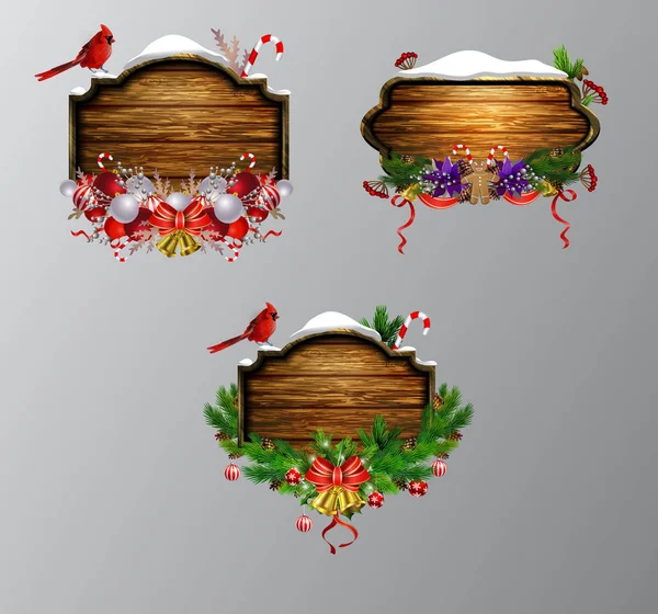 Vektor Realistische Illustration Der Hängenden Hölzernen Weihnachtsplatte Set Mit Weihnachtsbaum — Stockvektor