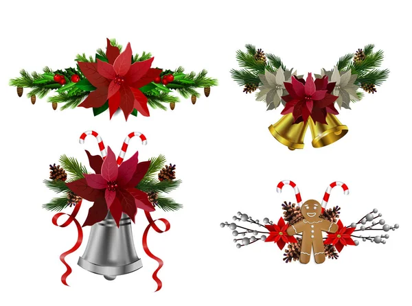 Decoración Navidad Conjunto Con Poinsettia Jengibre Hombre Aislado Vector — Archivo Imágenes Vectoriales