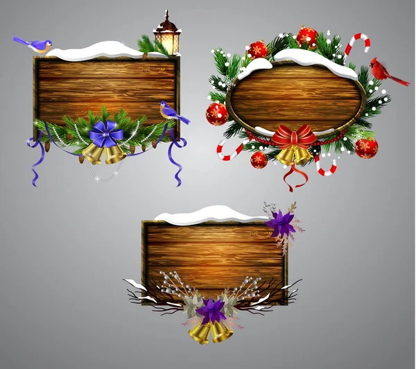 Vector Realistic Illustration Hanging Wooden Christmas Board Set Christmas Tree — Stock Vector