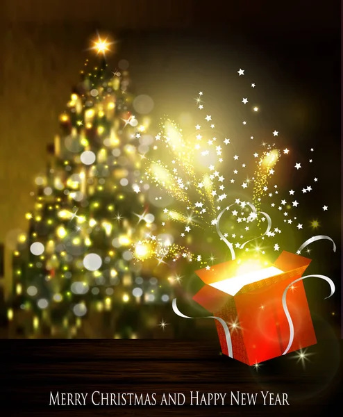 Weihnachten Hintergrund Mit Offener Roter Schachtel Und Unschärfe Weihnachtsbaum Vektor — Stockvektor