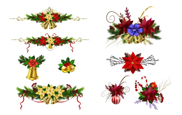 Christmas Decoration Set Evergreen Treess Pine Cones Poinsettia Isolated Vector — Stock Vector