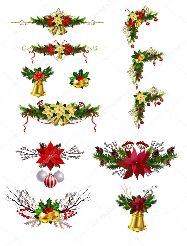 Christmas decoration set with evergreen treess pine cones and poinsettia isolated vector