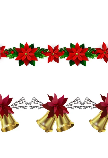 Colección Decoración Navidad Con Acebo Treess Poinsettia Vector Sin Costuras — Vector de stock